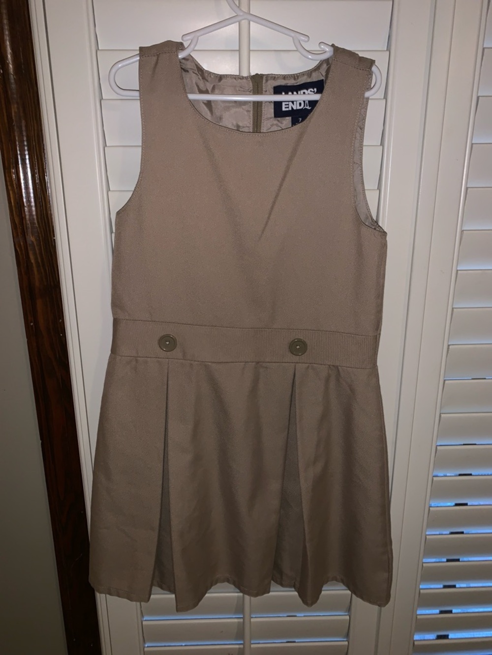 Lands' End Girls Tan Pleated Jumper Dress